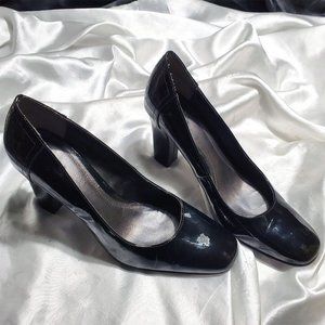 VICTOR ALFARO classy black patent square toe thick heel pumps WILLIAM SZ 8.5